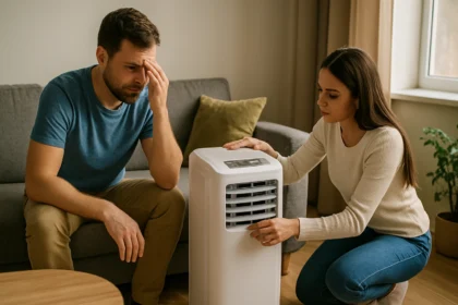 Zariadenie prenosnej klimatizácie Orion v obývačke s dvoma osobami.