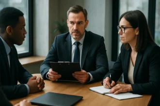 Tím profesionálov diskutujuce o integrite a riadení vo firme