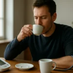 Muž pije kávu a sleduje svoj pulz