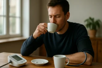 Muž pije kávu a sleduje svoj pulz