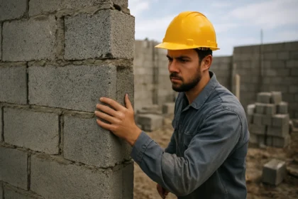 Pracovník kontroluje kvalitu tvárnic z trosky na stavbe.