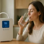 Žena pije ionizovanú vodu zo sklenenej fľaše pri ionizátore.