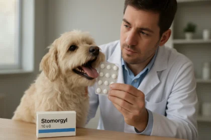 Veterinár s liekom Stomorgyl a psom v ordinácii.