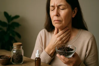 Žena s klinčekmi v ruke za zmiernenie bolesti v krku