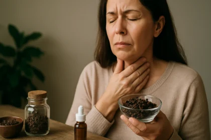 Žena s klinčekmi v ruke za zmiernenie bolesti v krku
