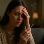 Žena so znepokojeným výrazom drží marihuanovú cigaretu