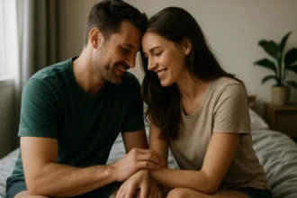 Šťastný pár, ktorý sa smeje a zdieľa intimitu v príjemnom prostredí.