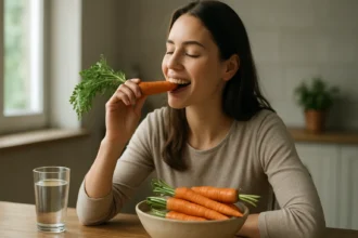 Žena si vychutnáva mrkvu, symbolizujúcu jej zdravotné prínosy
