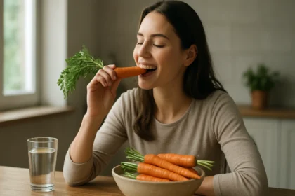 Žena si vychutnáva mrkvu, symbolizujúcu jej zdravotné prínosy
