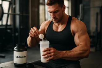 Muž mieša glutamín v rysovacej fľaši v posilňovni.