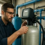 Technik inštaluje iónomenič na úpravu vody v priemyselnom prostredí.