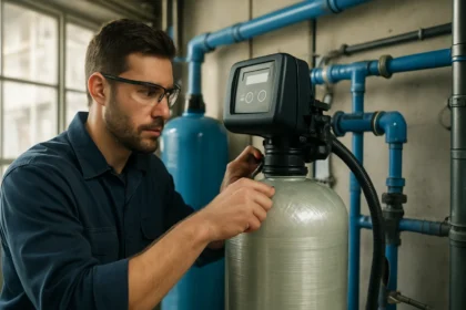 Technik inštaluje iónomenič na úpravu vody v priemyselnom prostredí.