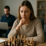 Žena premýšľa nad ťahom v šachovej hre, symbol vedomého rozhodovania.