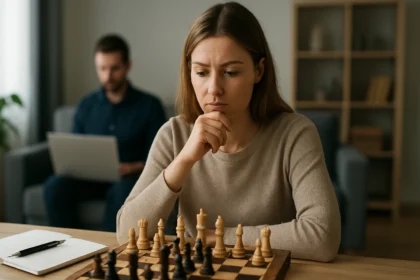 Žena premýšľa nad ťahom v šachovej hre, symbol vedomého rozhodovania.