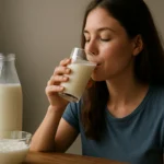 Žena si vychutnáva kaukazský kefír z pohára.