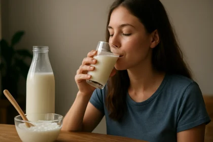 Žena si vychutnáva kaukazský kefír z pohára.