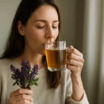 Žena s trnkovými kvetmi a čajom, symbol zdravého životného štýlu.