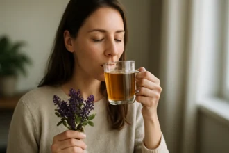 Žena s trnkovými kvetmi a čajom, symbol zdravého životného štýlu.