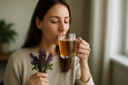 Žena s trnkovými kvetmi a čajom, symbol zdravého životného štýlu.