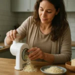 Žena používa mobilný strúhač syra na strúhanie syra v kuchyni.