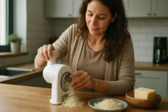 Žena používa mobilný strúhač syra na strúhanie syra v kuchyni.