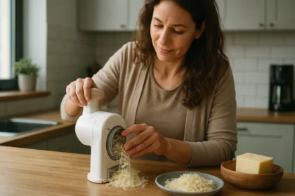 Žena používa mobilný strúhač syra na strúhanie syra v kuchyni.