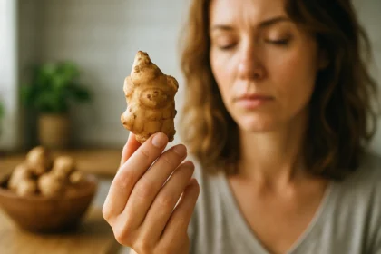 Žena drži topinambur a skúma jeho vlastnosti