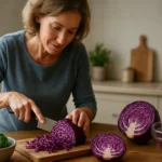Žena krája červenú kapustu na drevenom stole s brokolicou a misou.