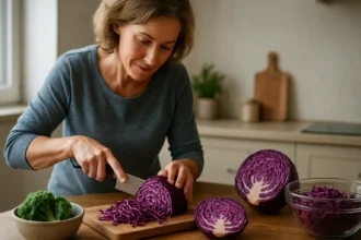 Žena krája červenú kapustu na drevenom stole s brokolicou a misou.