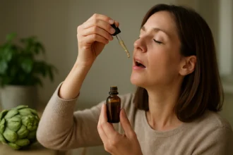 Žena užívajúca artičokové kvapky na podporu zdravia