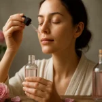 Žena aplikujúca damascénsku ružovú vodu na pleť s ružami v pozadí.