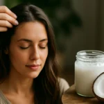 Žena si nanáša kokosový olej na vlasy pre zdravšie a krajšie vlasy.