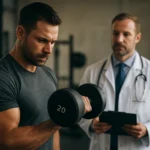 Muž cvičící s činkou ve fitness centru pod dohledem lékaře.