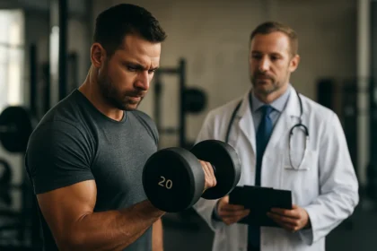 Muž cvičící s činkou ve fitness centru pod dohledem lékaře.