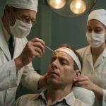 Lekárska procedúra lobotómie s pacientom v psychiatrickej nemocnici.