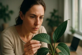 Žena skúma zelené rastliny v interiéri, symbol zdravej ekologickej praxe.