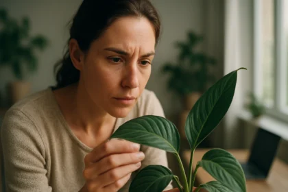 Žena skúma zelené rastliny v interiéri, symbol zdravej ekologickej praxe.