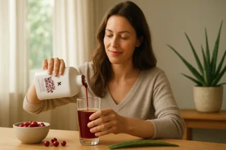 Žena nalievajúca Aloe Berry Nectar do pohára