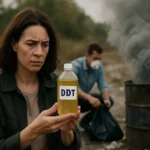 Žena drží fľašu s DDT, muž v pozadí rozbaľuje odpad v kontajneri.