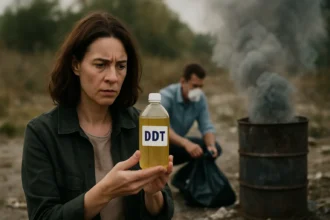 Žena drží fľašu s DDT, muž v pozadí rozbaľuje odpad v kontajneri.