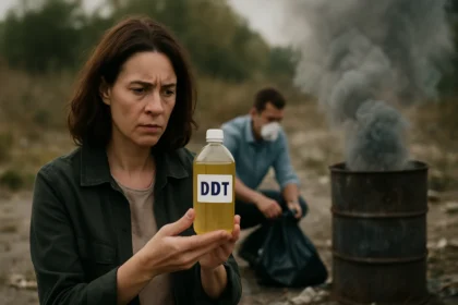 Žena drží fľašu s DDT, muž v pozadí rozbaľuje odpad v kontajneri.