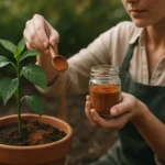 Žena pridáva škoricu do pôdy okolo rastliny v záhrade