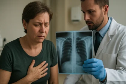 Žena s dýchacími ťažkosťami sleduje röntgen pľúc od lekára.