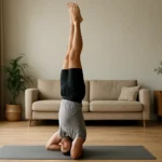 Muž cvičiaci stojku na hlave v interiéri s pohodlným nábytkom.