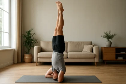 Muž cvičiaci stojku na hlave v interiéri s pohodlným nábytkom.