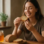 Žena si vychutnáva medový chlieb s pohárom medu na stole.