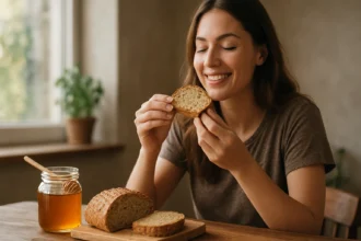 Žena si vychutnáva medový chlieb s pohárom medu na stole.