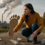 Žena meria ekologickú stopu na pozadí znečisteného prostredia.