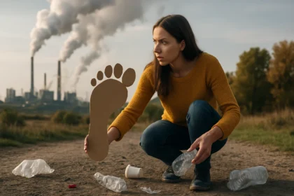 Žena meria ekologickú stopu na pozadí znečisteného prostredia.