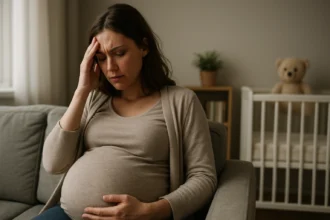 Tehotná žena zažíva stres a úzkosť, kým čaká na bábätko.